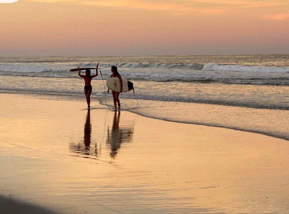 Two surfers on the sand at golden hour